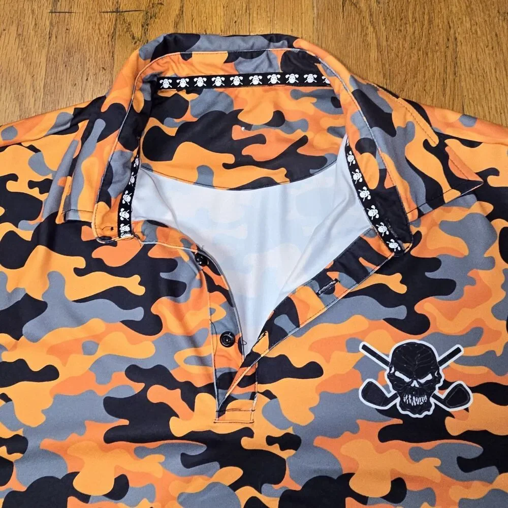 Tattoo Golf Camo Cool Collection Golf Shirt Mens L Orange Camo Stretch Skull
